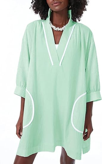 Ailoqing Swimsuit Coverup Womens V Neck 3/4 Sleeve Casual Shirt Dress with Pockets | Amazon (US)