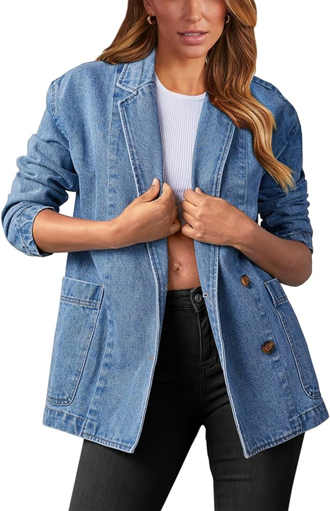 Tankaneo Womens Oversized Denim Jacket Casual Button Up Blazer Notched Lapel Jean Shacket Coat | Amazon (CA)