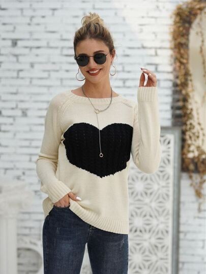 Heart Pattern Cable Knit Sweater | SHEIN