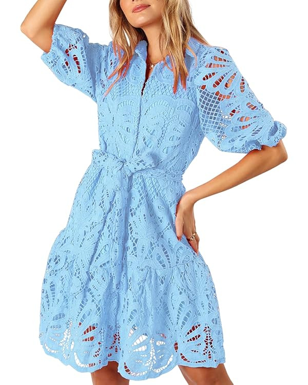 Women's Summer Hollow Out Lace Mini Dress Lantern Sleeve Lapel Button Ruffle Casual Beach Party D... | Amazon (US)