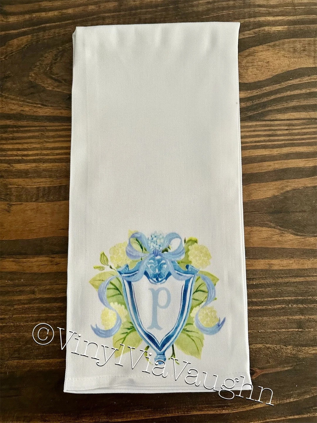 Preppy Blue and White Crest Floral Monogram decorative kitchen towel | Etsy (US)
