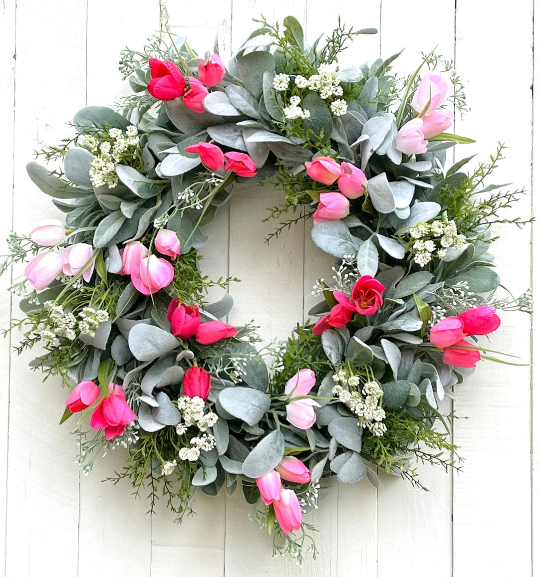 Pink Tulip Wreath, Lamb's Ear Spring Wreath for Front Door, Summer Wreath for Front Door, Farmhou... | Etsy (US)