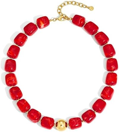Amazon.com: WOWORAMA Chunky Beaded Choker Necklace for Women Deep Red Large Square Resin Beads Ne... | Amazon (US)