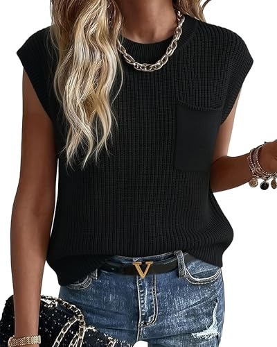 Women's Short Sleeve Sweater, Crew Neck Knit Top with Chest Pocket Black | Amazon (US)