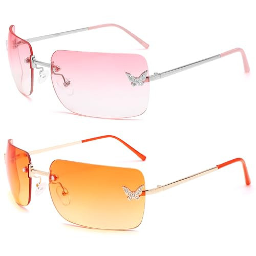 LIU·WEN Rectangle Y2k Sunglasses for Women - Trendy Rimless 2000S Fashion Shades Butterfly(Gradient Pink + Orange) | Amazon (US)