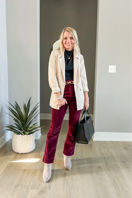 These corduroy pants are great for a winter work outfit! Sizing details ➡️ pants- 2/regular || blazer- xs || top- small || booties- 7.5 || purse is thrifted, linked similar

#LTKstyletip #LTKworkwear #LTKfindsunder50