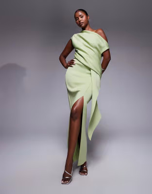 ASOS DESIGN fallen shoulder manipulated fold midi dress in sage in scuba-style fabric | ASOS | ASOS (Global)