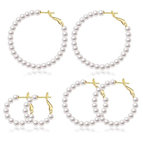 CERSLIMO Pearl Hoop Earrings for Women - 3 Pairs 14K Gold Plated Pearl Hoop Earrings Set, S925 Sterling Silver Post Big Large Hoops 4mm Pearl Earrings Jewelry Gifts 20/30/40mm | Amazon (US)