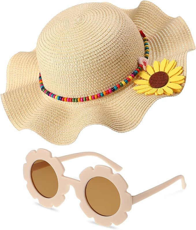 Summer Straw Hat for Girls Large Brim Sunflower Beach Hat Cute Flower Sun Hat with Flower Round S... | Amazon (US)