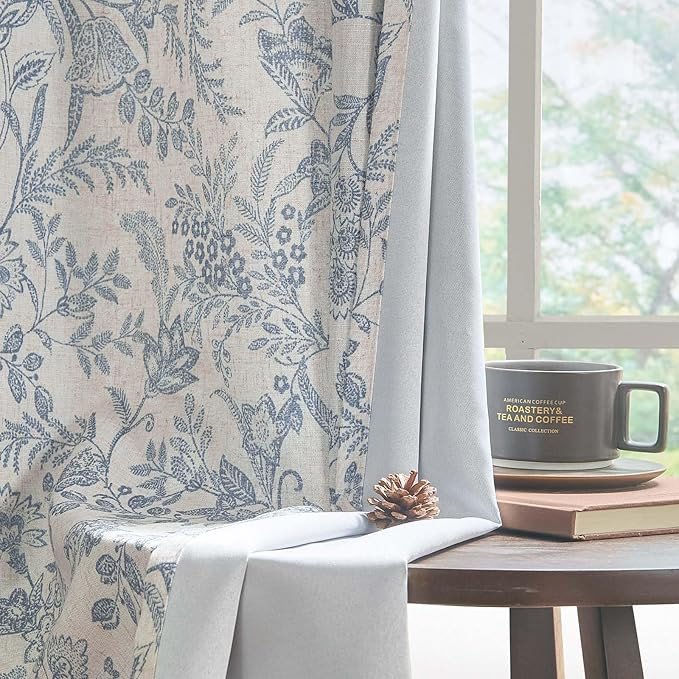 Lazzzy Blue Floral Farmhouse Linen Lined Curtains with 63 Inches Length Back Tab Drapes for Livin... | Amazon (US)