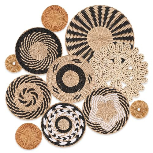 Boho Wall Basket Decor Set of 11 - Hanging Woven Bulrush Basket Wall Decor, Handcrafted Round Flat Baskets Wall Art, for Rustic Farmhouse、Home - Unique Rattan Wicker Wall Decor（Black Retro） | Amazon (US)