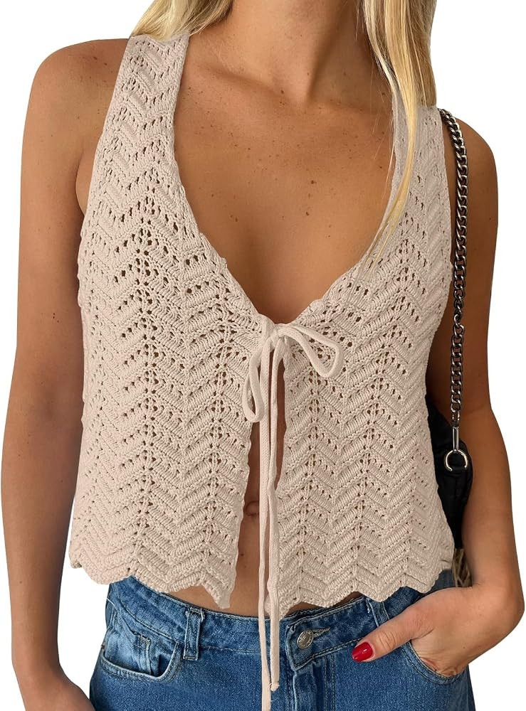 LILLUSORY Crochet Tops for Women Summer Vacation Outfits Beach Coverup Going Out Tie Front Spring... | Amazon (US)