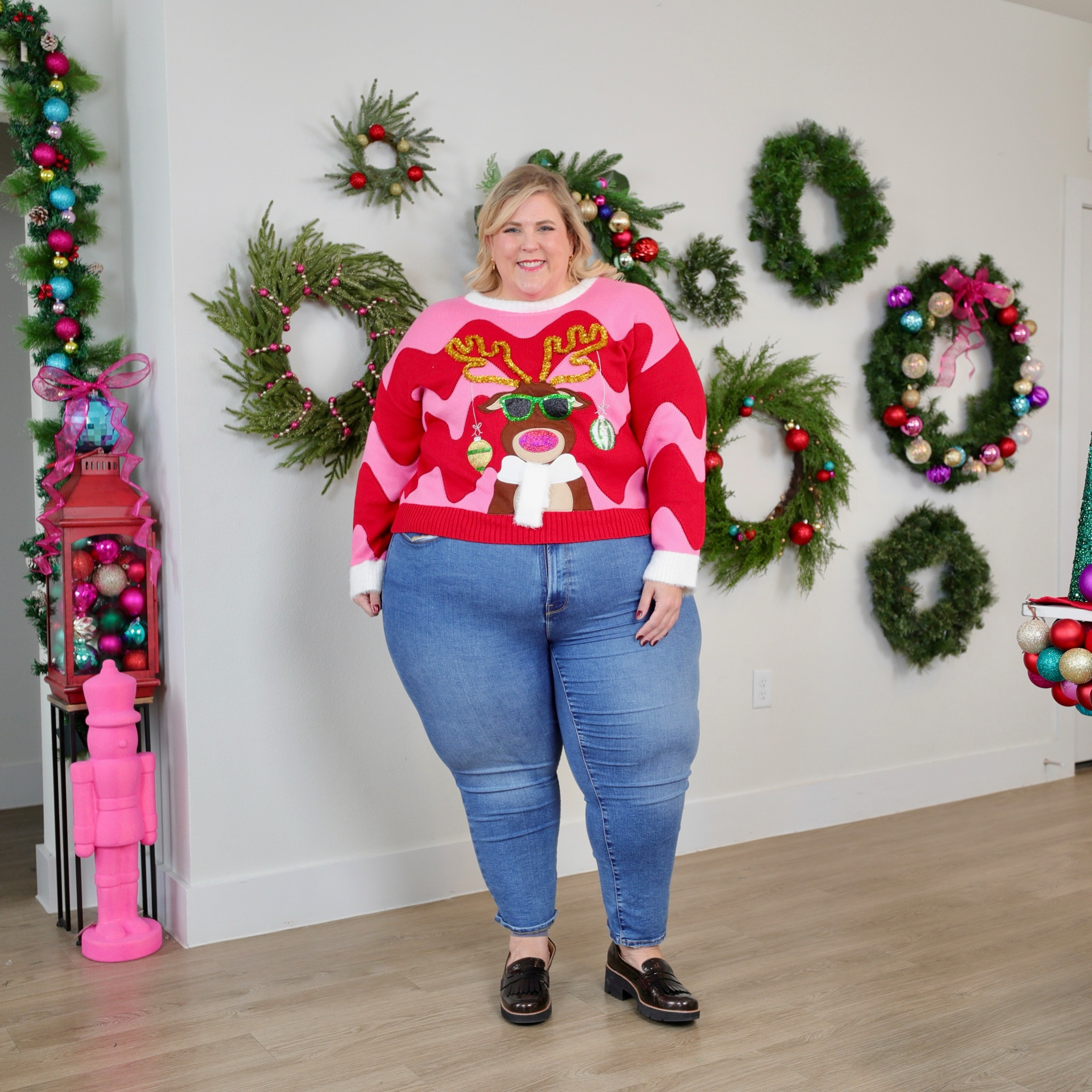 Brighten up your holiday style with this cheerful pink and red striped sweater featuring an adorable reindeer! 🎄🦌 Cozy, colorful, and full of festive charm—perfect for making spirits bright all season long. #christmassweater #uglysweater 

#LTKHoliday #LTKPlusSize #LTKSeasonal