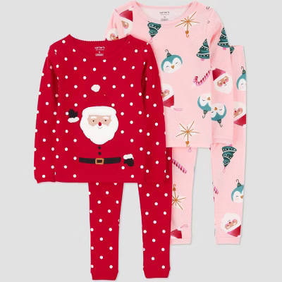 Carter's Just One You® Toddler Girls' 4pc Christmas Polka Dots Santa & Ornament Print Long Sleeve Cotton Pajama Set - Red/Pink 2T | Target