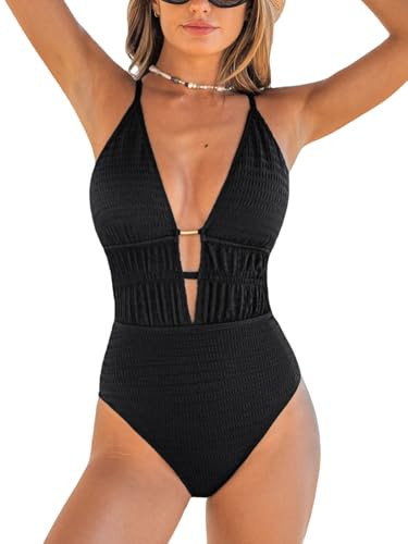 CUPSHE Women's One Piece Swimsuit Plunging Neck Cutouts Bathing Suit Textured Ruched Crisscross Back Self Tie Swimwear, L Black | Amazon (US)