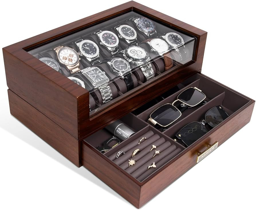 KAMIER 12 Slots Watch Box Case Organizer Display for Men,Two-Tier Wooden Watch Box Organizer For ... | Amazon (US)