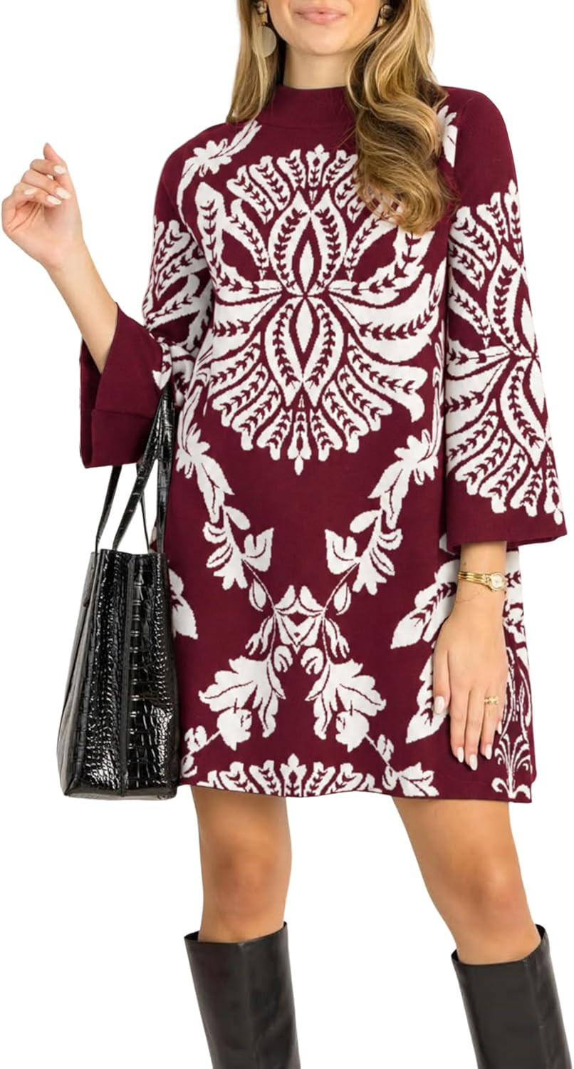 Qiaomai Women's Knit Sweater Dress Floral Jacquard Mock Neck Shift Dress | Amazon (US)