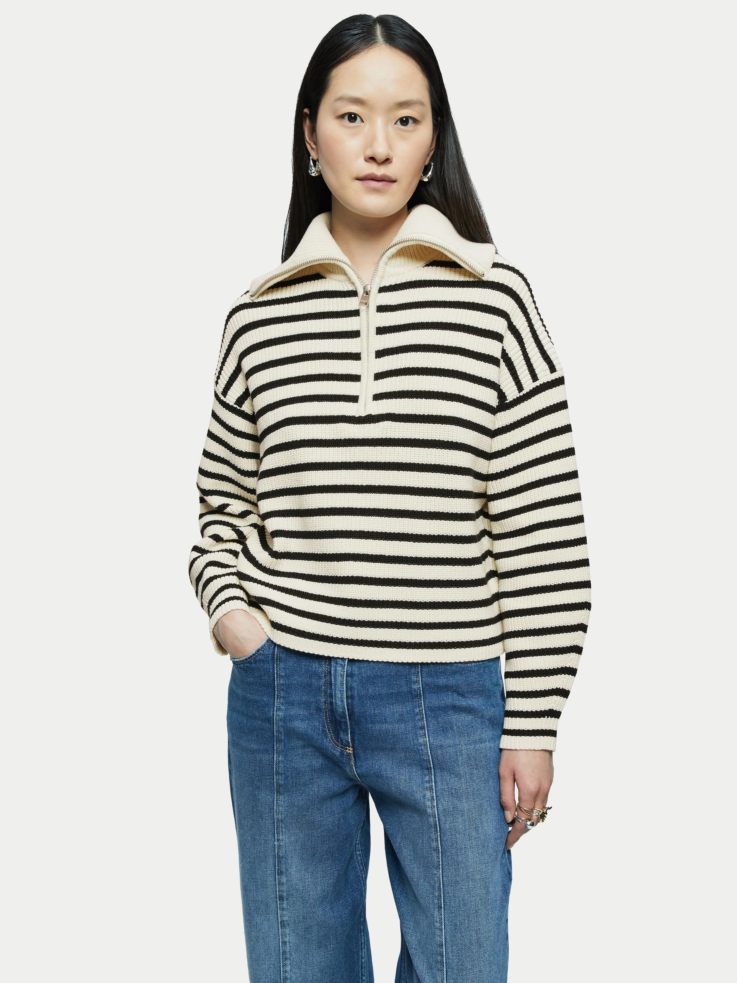 Zip Collar Stripe Jumper | Cream | Jigsaw (UK)