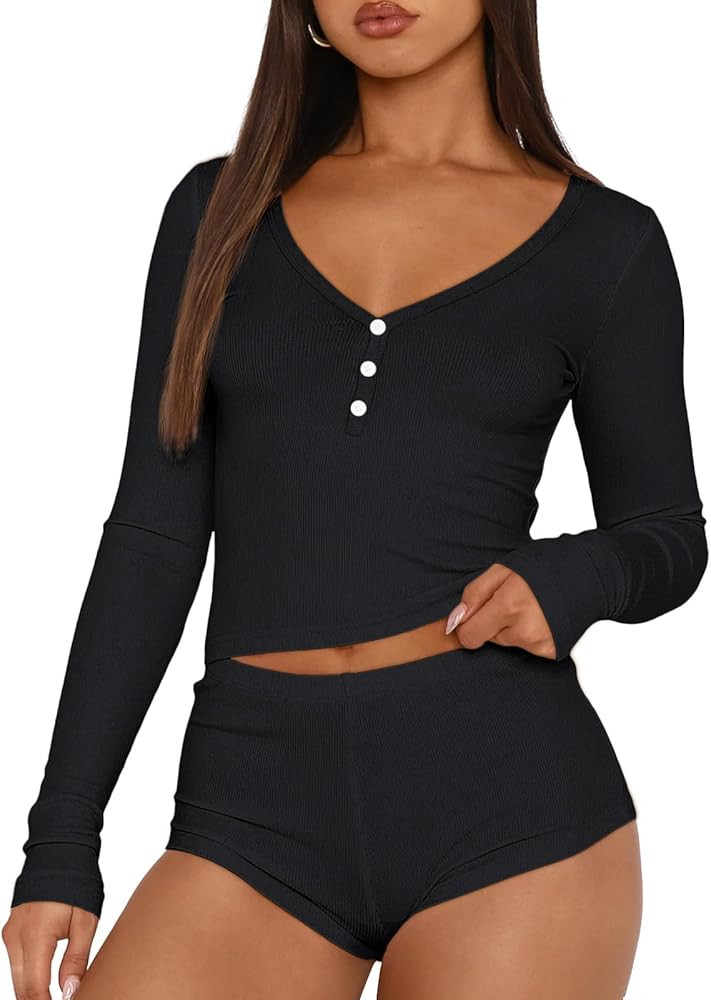 Trendy Queen Womens Two Piece Sets Lounge 2 Piece Outfits Ribbed Knit Shorts and Long Sleeve Butt... | Amazon (US)