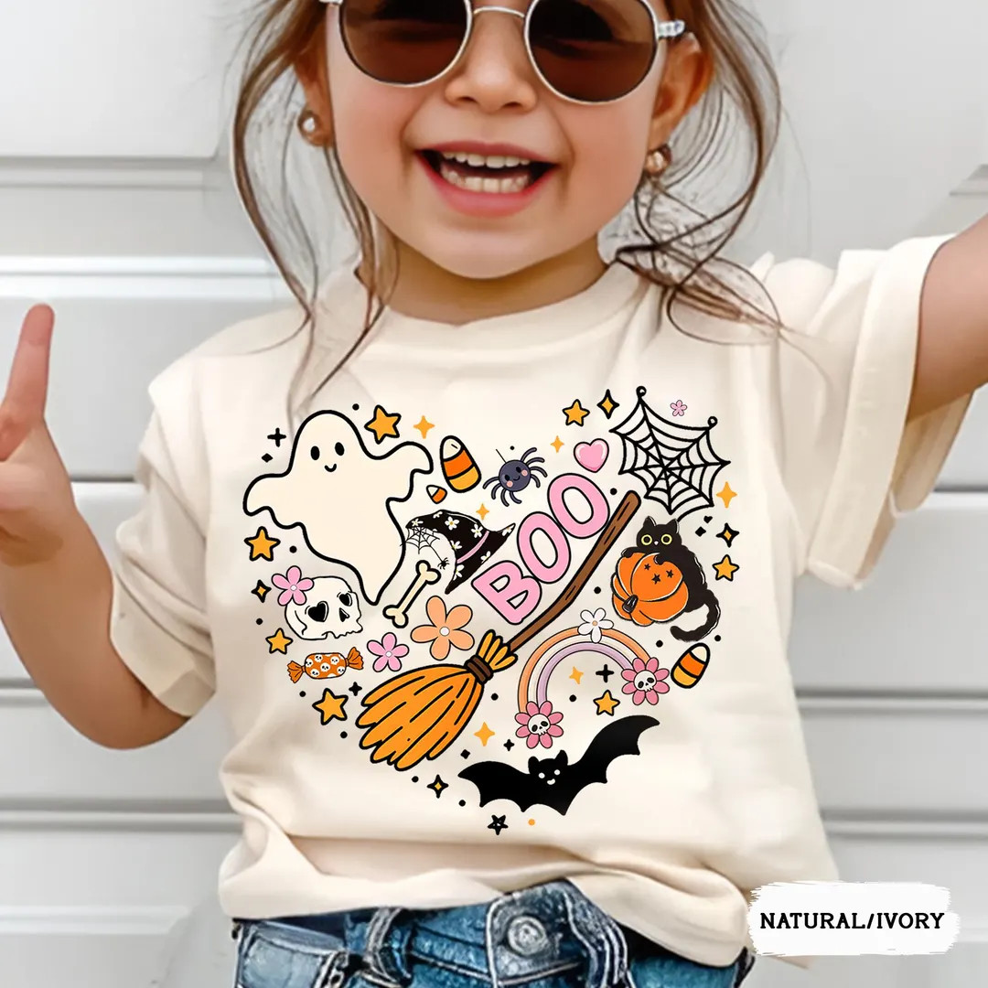 Halloween Heart Shirt for Girls, Happy Halloween Kids Shirt, Retro Halloween Ghost Toddler Tee, C... | Etsy (US)