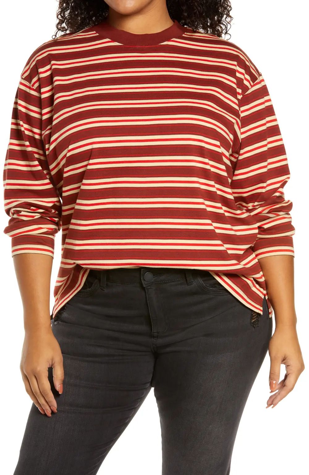 BP. Stripe Oversize Long Sleeve Organic Cotton T-Shirt, Size 2X in Stone- Red Harriet Stripe at Nord | Nordstrom Canada