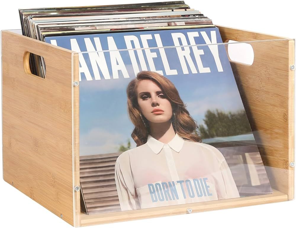 Record Album Storage Crate, Bamboo & Acrylic Vinyl ​Record Crate, Multifunctional Visible Recor... | Amazon (US)