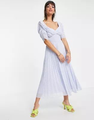 ASOS DESIGN ruched front pleated midi dress with shirred waist in chevron textured in pale blue | ASOS (Global)