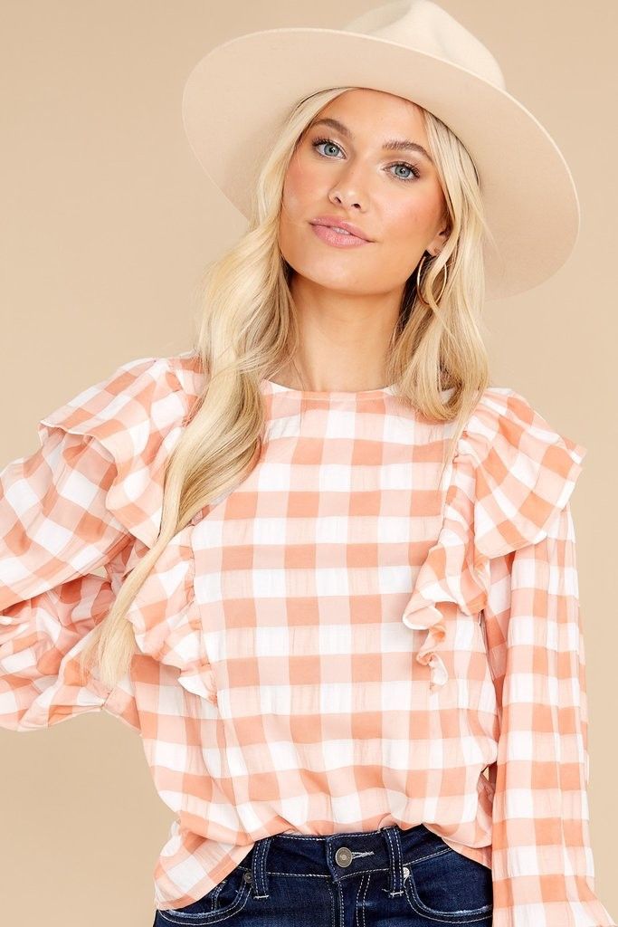 Sweeten The Surprise Peach And Ivory Gingham Top | Red Dress 