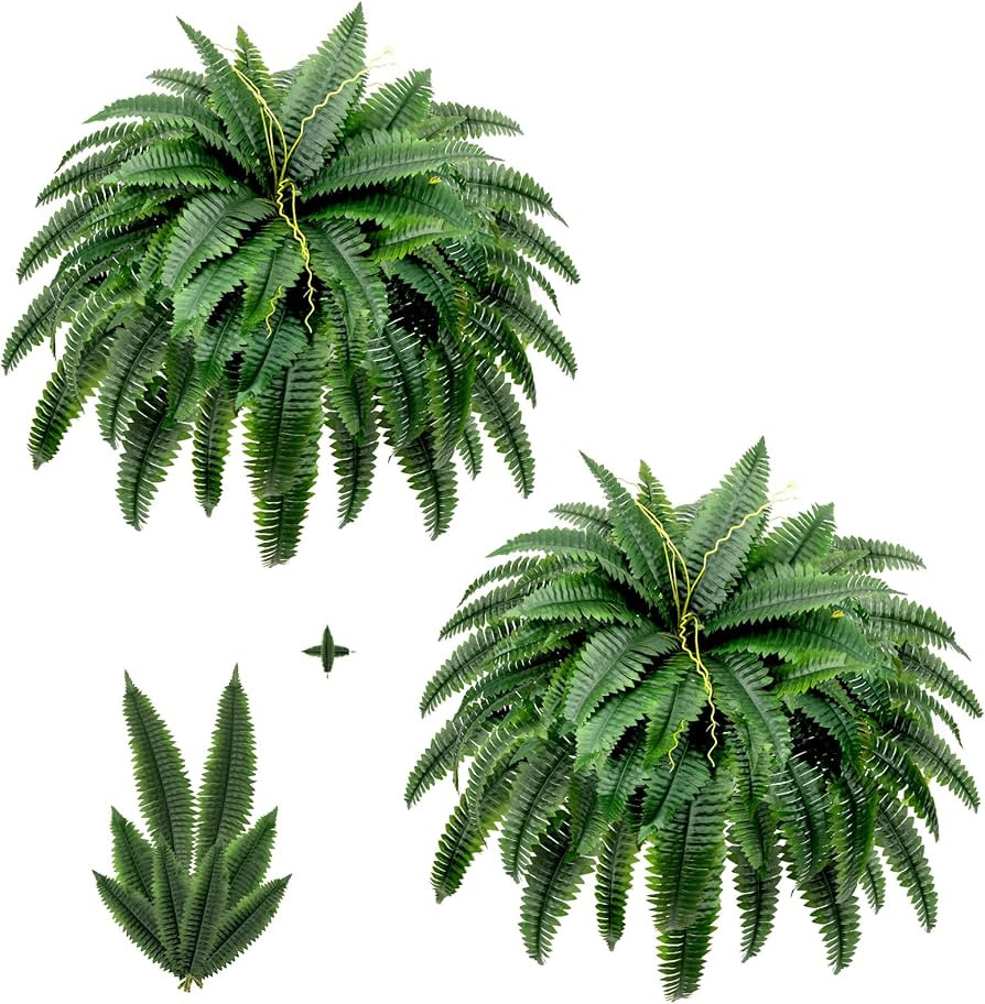 Artificial Boston Fern Bush - Set of 2 45Inch Fake Ferns with 55 Fronds, Large Hanging Faux Plant... | Amazon (US)