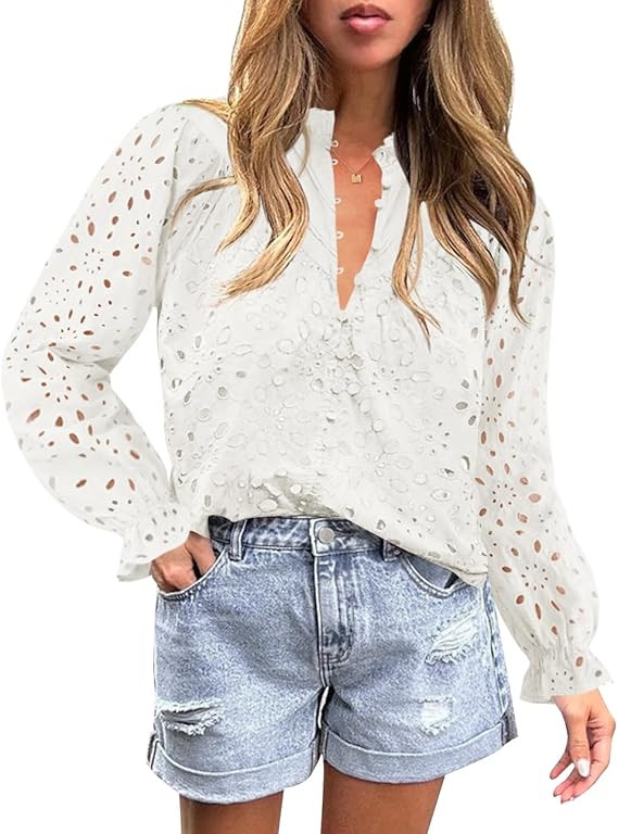 ZESICA Women's Casual Blouse Tops Puff Long Sleeve Button V Neck Hollow Out Eyelet Lace Embroider... | Amazon (US)