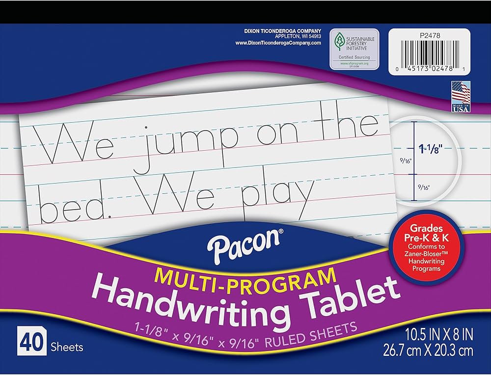 Pacon Handwriting Paper, Zaner-Bloser Grades Pre-K & K, 1-1/8" x 9/16" x 9/16" Ruled 10-1/2" x 8"... | Amazon (US)