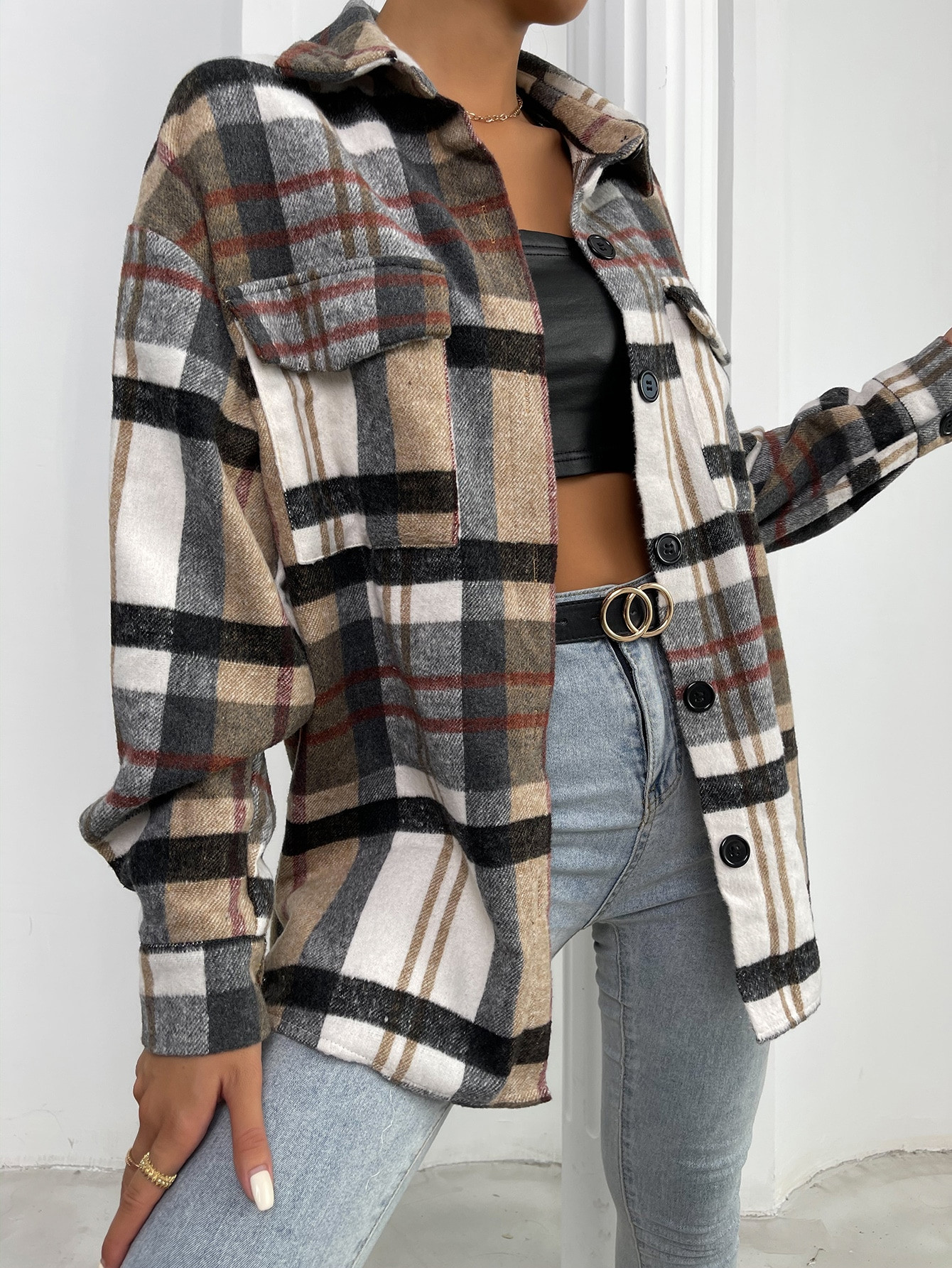 SHEIN Essnce Flap Pocket Drop Shoulder Plaid Shirt | SHEIN