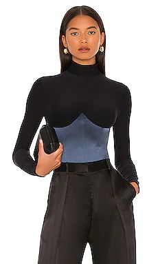 fleur du mal Mock Neck Long Sleeve Bodysuit in Black & Deep Slate from Revolve.com | Revolve Clothing (Global)