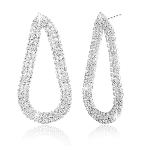Silver Rhinestone Hoop Earrings for Women Dangling Teardrop Prom Dangle Statement CZ Earrings Jewelry for Party Wedding | Amazon (US)