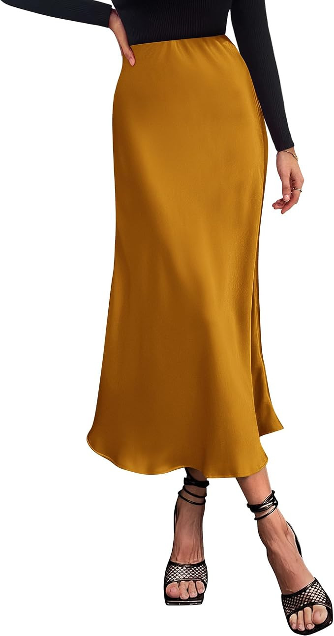 BTFBM 2024 Women Long Satin Summer Fall Skirt Silk Elegant High Waist Cocktail Party Wedding Flar... | Amazon (US)