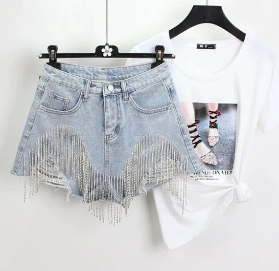 New Fashion Jeans Women Hole Tassel Bright Diamond Chain Light - Etsy | Etsy (US)