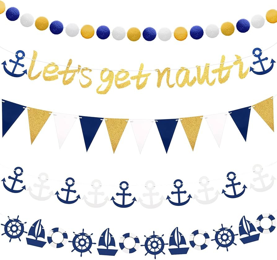 5 Pieces Let's Get Nauti Gold Glitter Banner Cruise Bachelorette Party Decorations Nautical Theme... | Amazon (US)