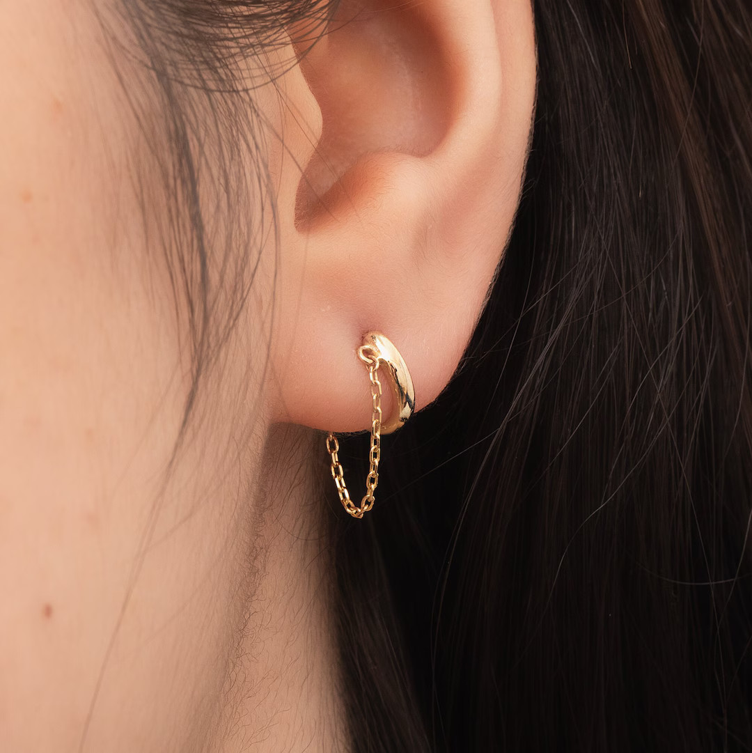 Single Small Chain Hoop Earring in 14k 18k Solid Gold Rose White Minimalist Huggie Hoop Earring S... | Etsy (US)