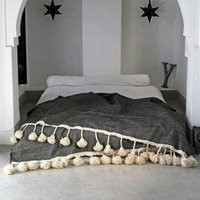 Amal Moroccan Pompom Blanket , Black , Cotton & Wool Pompom, Madeinatlas, Handmade, Authentic Tradit | Etsy (US)