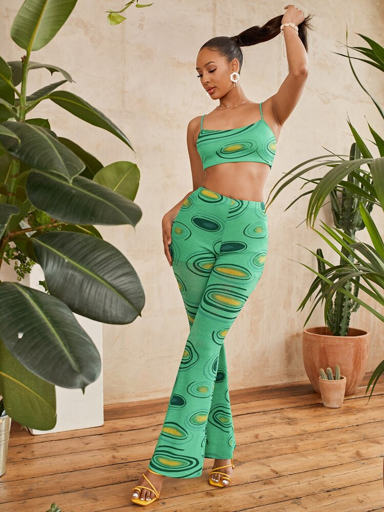 SHEIN SXY Marbled Print Cami Top & Flare Leg Pants Set | SHEIN