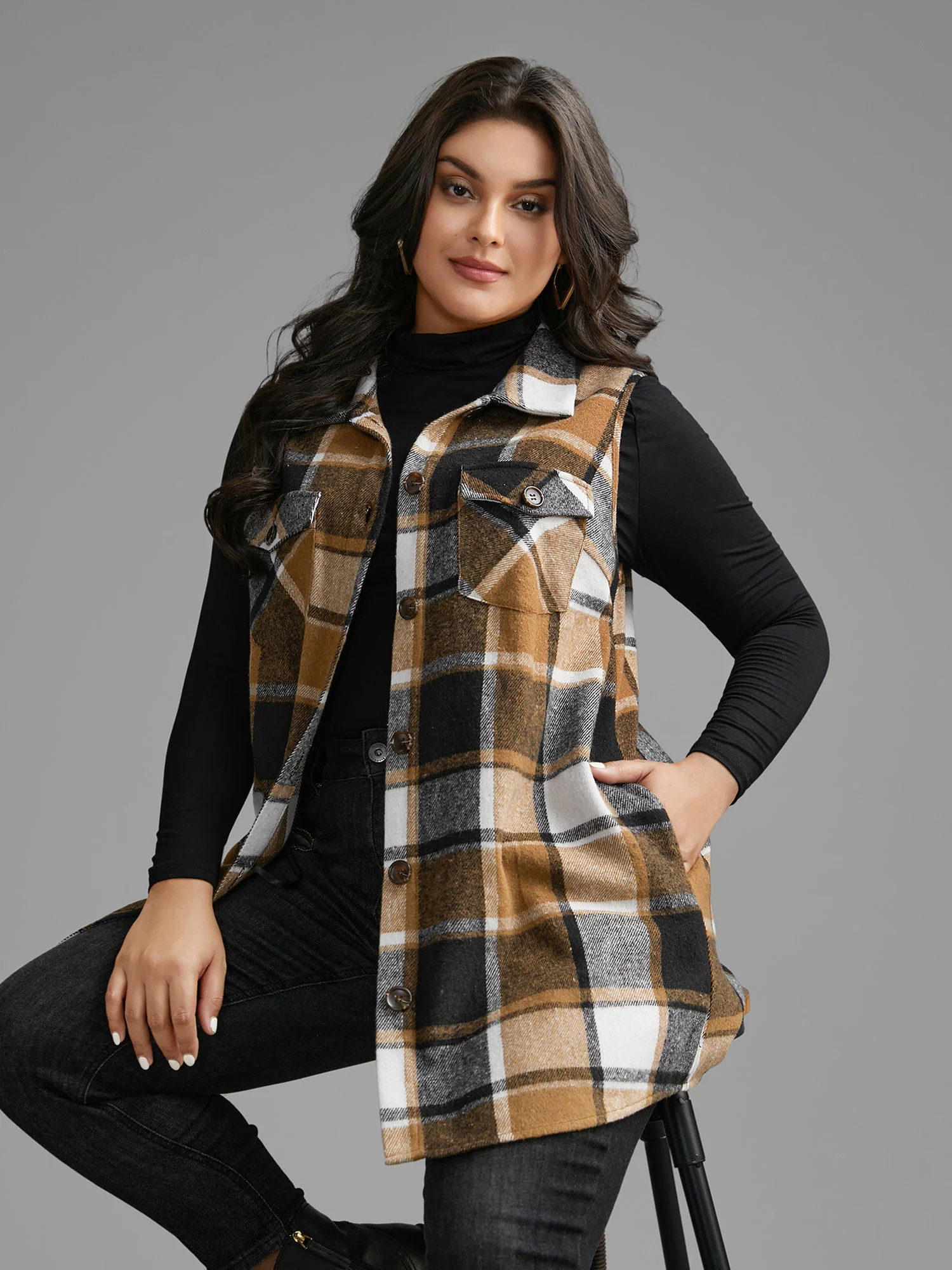 Plaid Flap Detail Sleeveless Jacket | Bloomchic