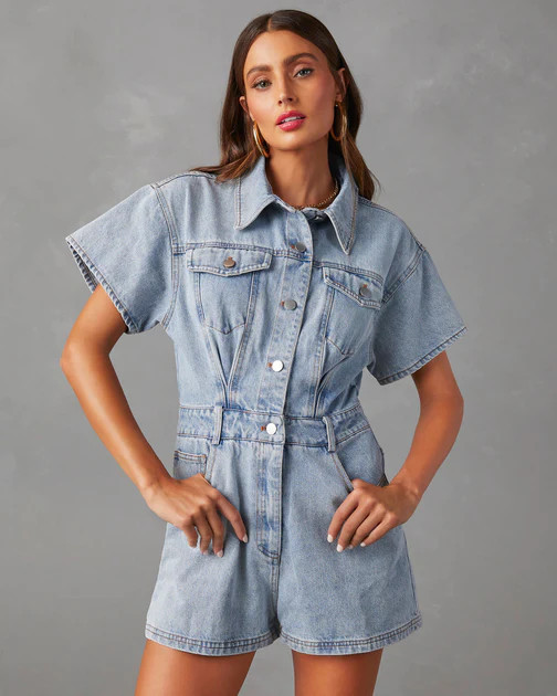Halston Cotton Pocketed Denim Romper | VICI