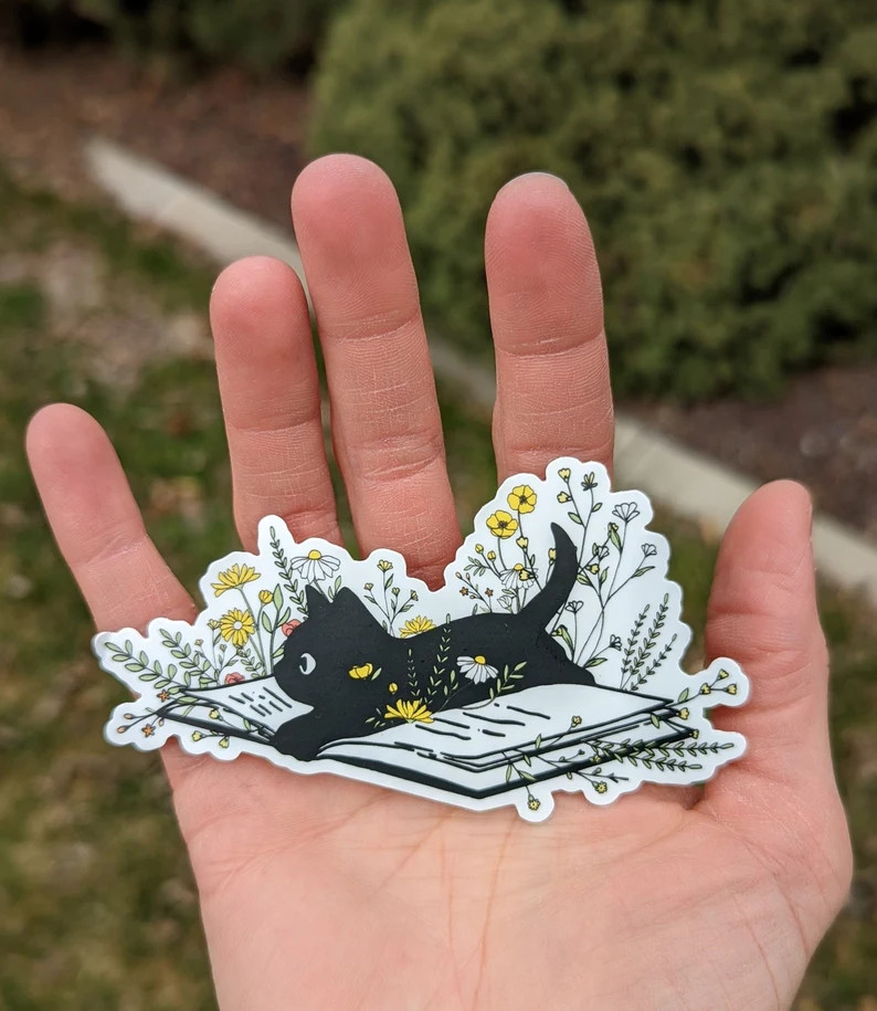 Black Cat Sticker  Cat on Books Sticker  Cat Sticker  Cute - Etsy | Etsy (US)