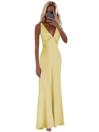FUMY Yellow Silk Satin Halter Mermaid Prom Dresses 2026 with Bow Backless Long Pleated Formal Dress for Women Evening Yellow 2 | Amazon (US)