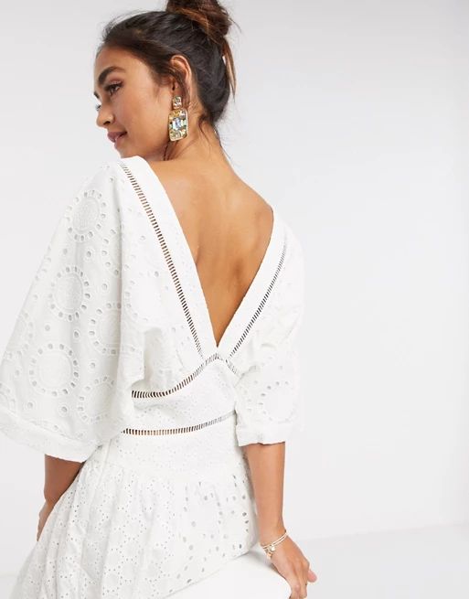 ASOS DESIGN broderie button through midi dress with lace inserts in white | ASOS (Global)