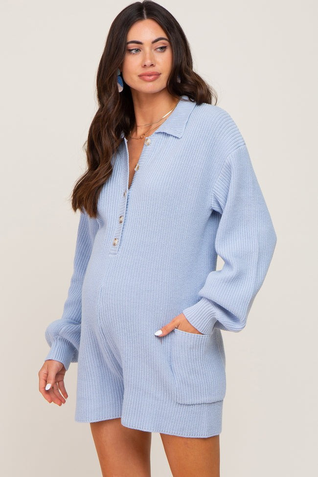 Light Blue Button Down Maternity Sweater Romper | PinkBlush Maternity
