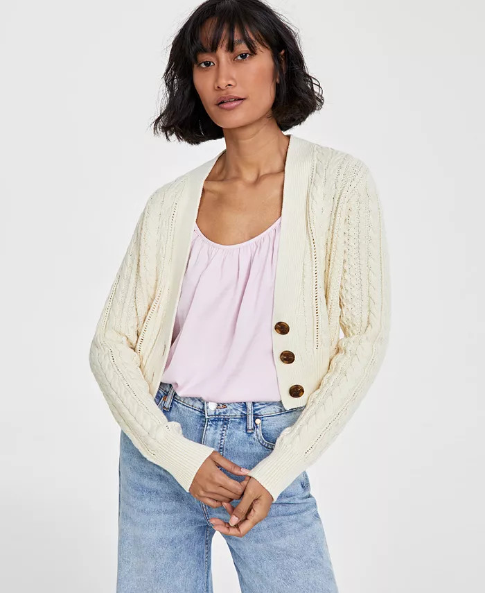 Women's Cropped V-Neck Cable-Knit Cardigan, Created for Macy's | Macy's