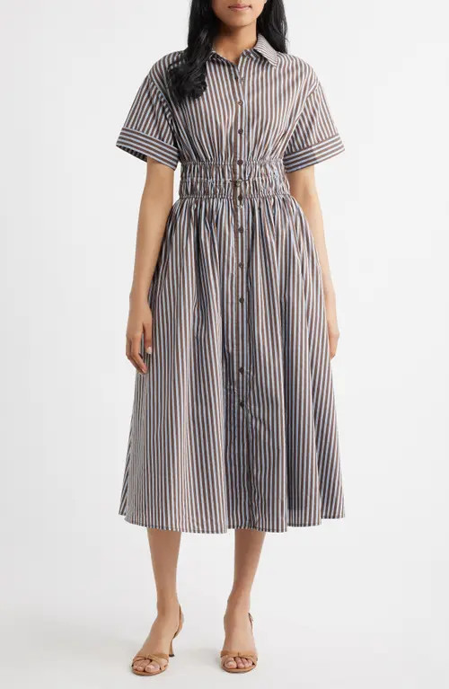 En Saison Stripe Short Sleeve Cotton Blend Midi Shirtdress in Brown Blue at Nordstrom, Size X-Small | Nordstrom