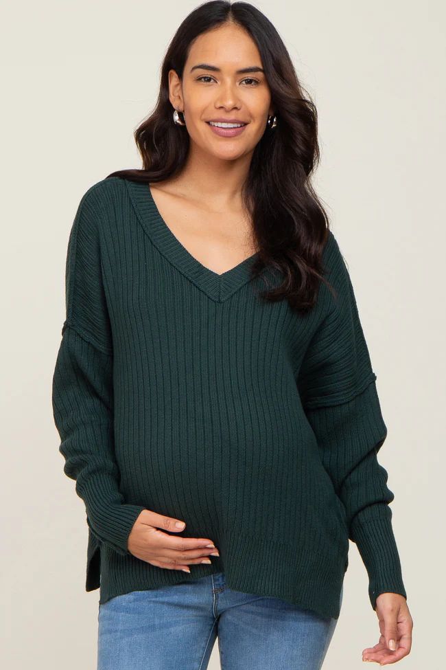 Green V-Neck Oversized Maternity Sweater | PinkBlush Maternity