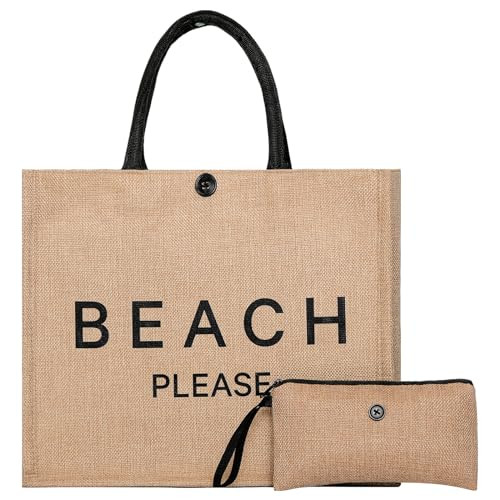 Beach Bag, Large Beach Bag for Women, Woven Straw Beach Tote Bag Waterproof, Weaving Swim Gym Shopping Travel Bag with Button | Amazon (US)